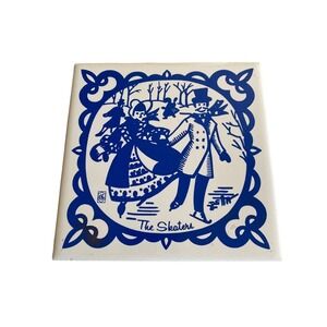 Della Signed Painted Tile The Skaters Wall Art Hanging Trivet Tile Blue and Whit